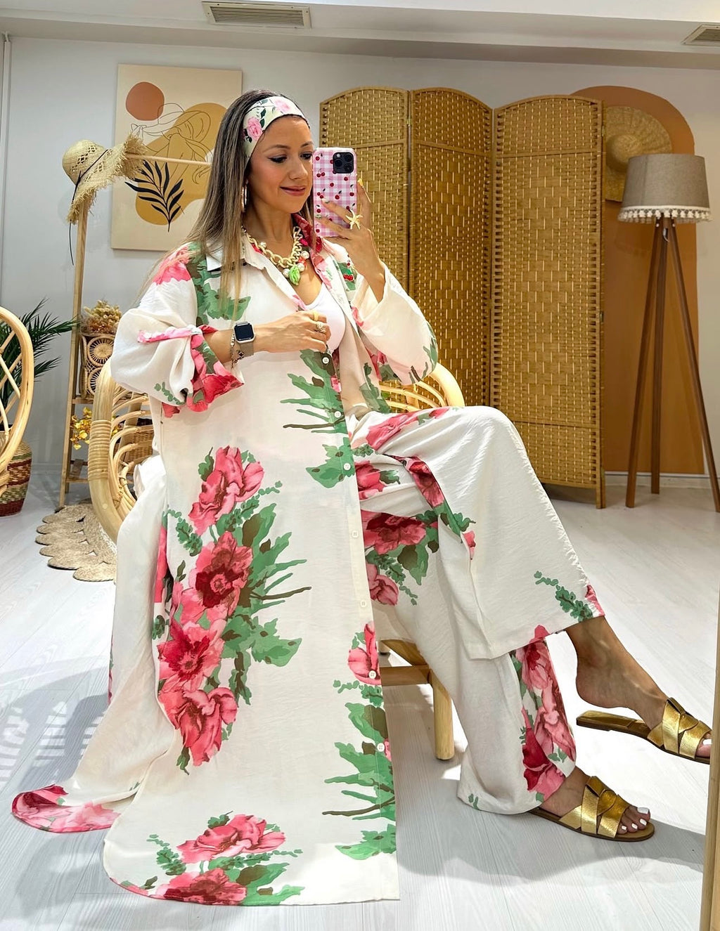 Ensemble à fleurs roses |Blanc