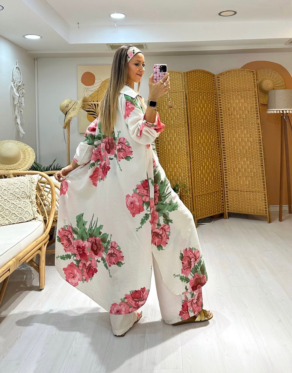 Ensemble à fleurs roses |Blanc