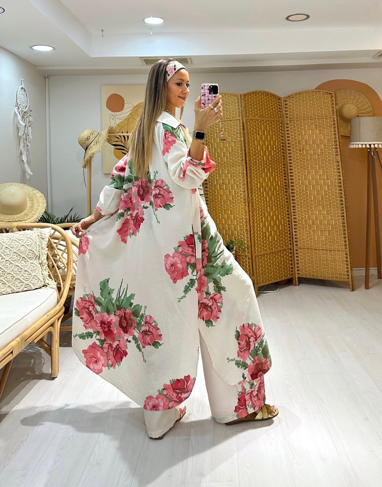 Ensemble à fleurs roses |Blanc