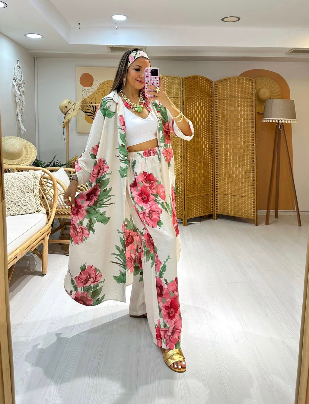 Ensemble à fleurs roses |Blanc
