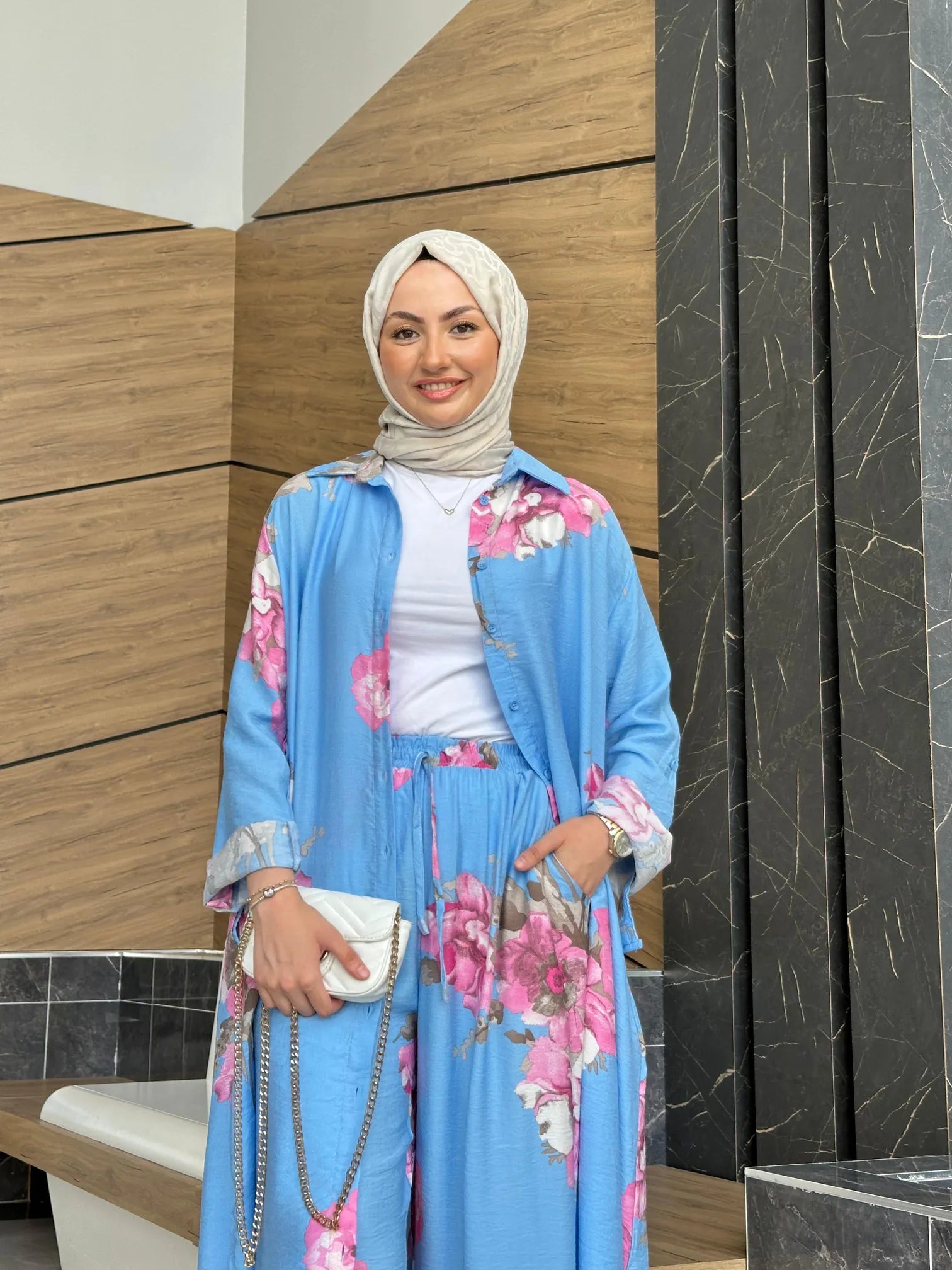 Ensemble à fleurs roses |Bleu clair