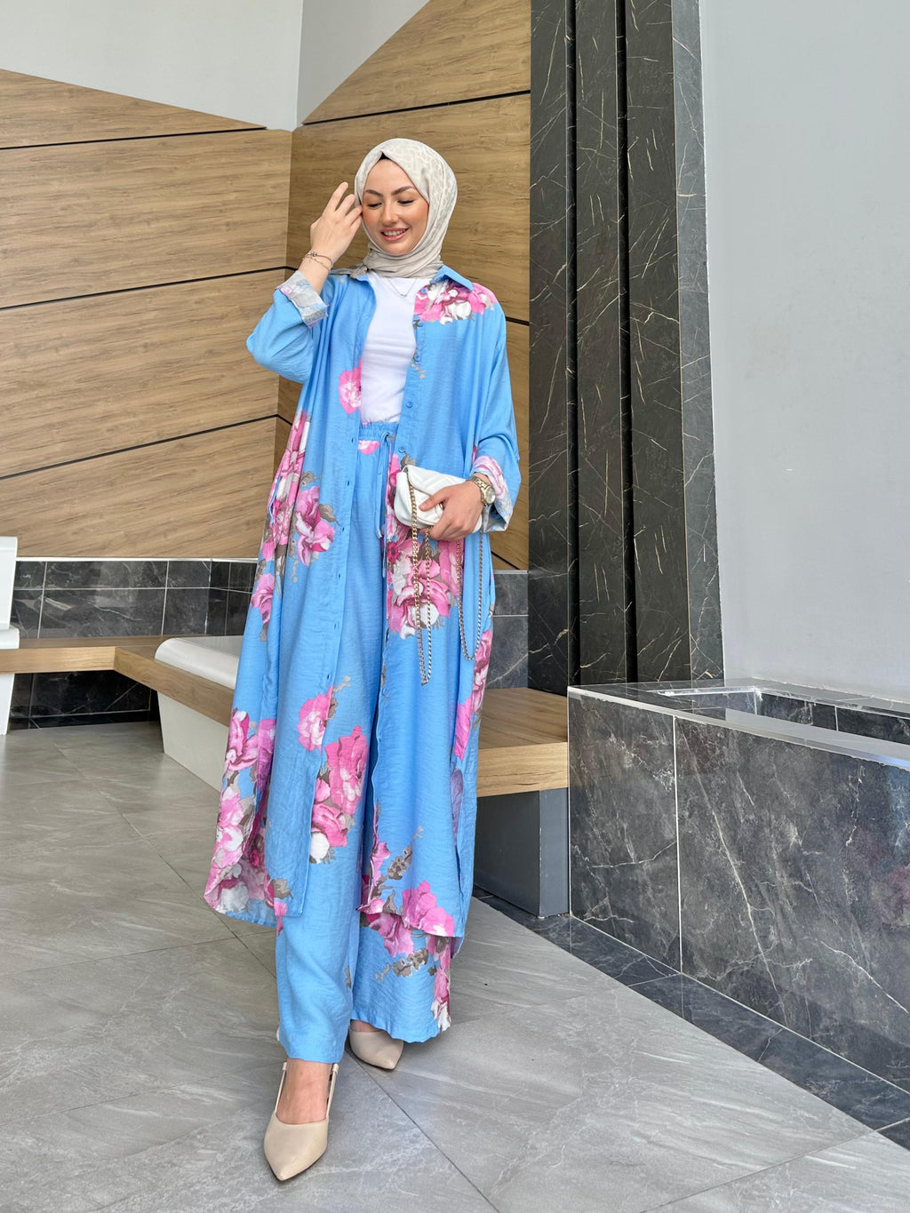 Ensemble à fleurs roses |Bleu clair